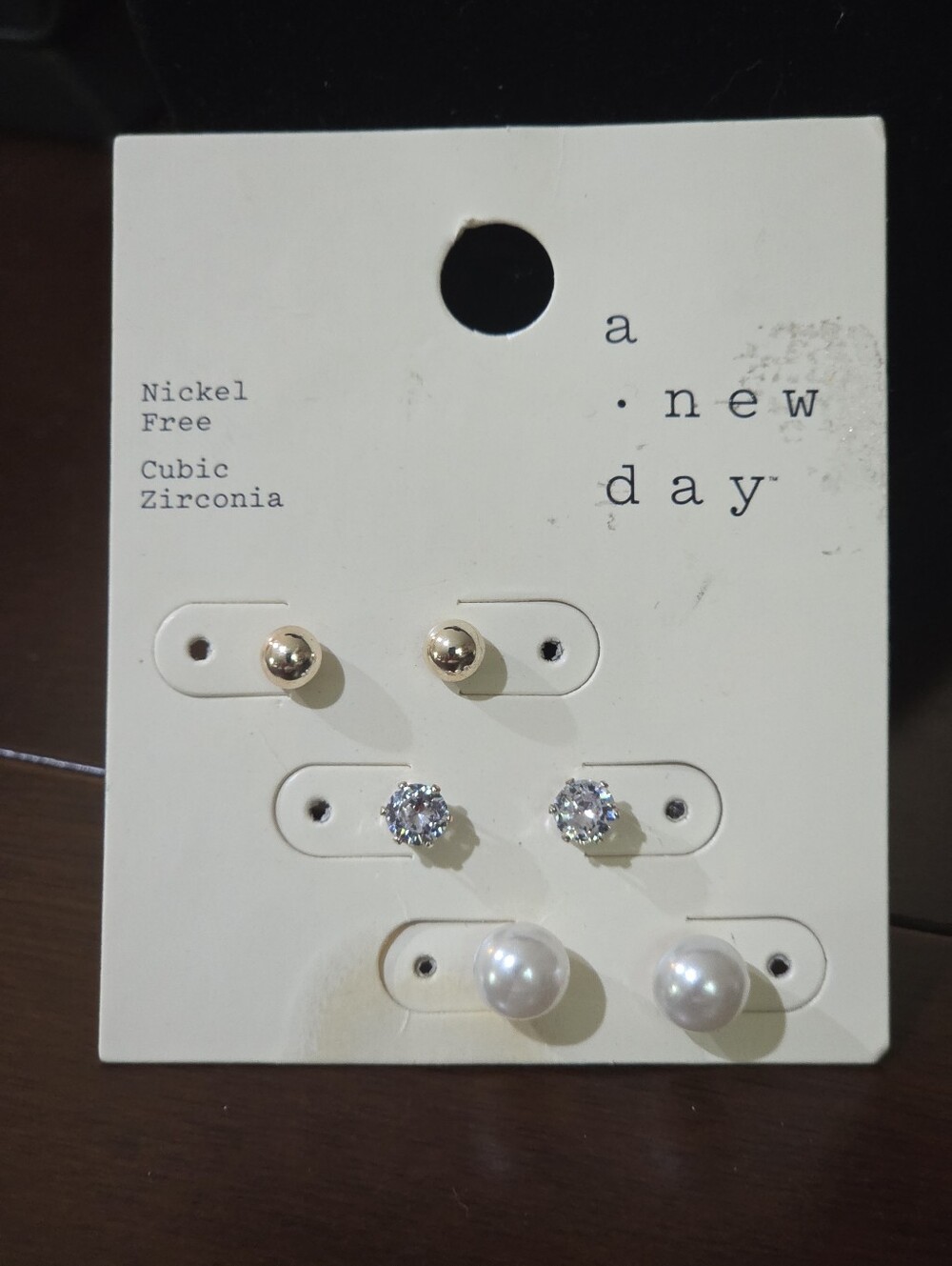 a new day Gold, Clear, White 3-Pair Stud Earring Set NEW